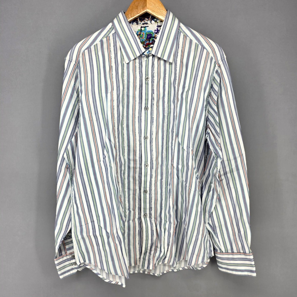 Robert Graham Button Down Shirt Mens XL White Striped Embroidered Classic Fit